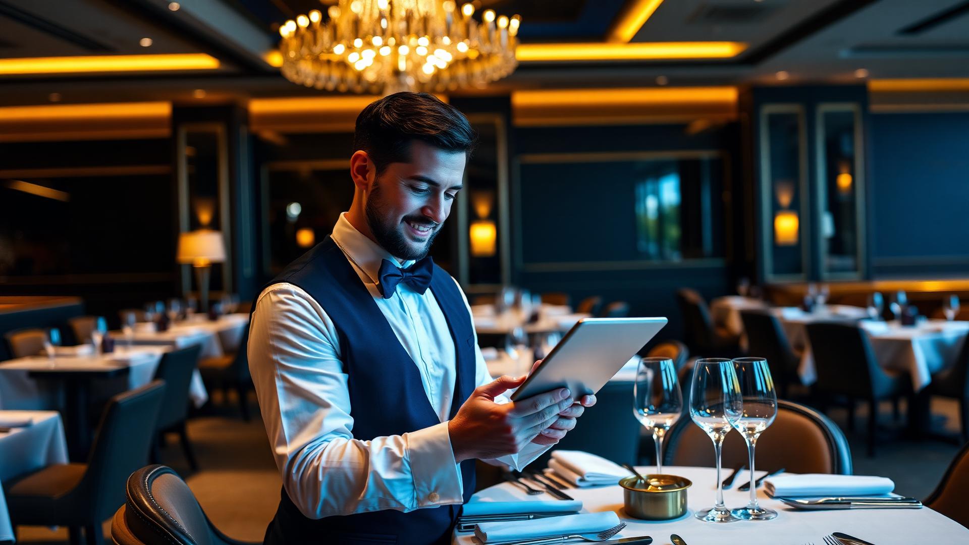HoReCa yöneticisi premium restoranda performans dashboard'unu inceliyor