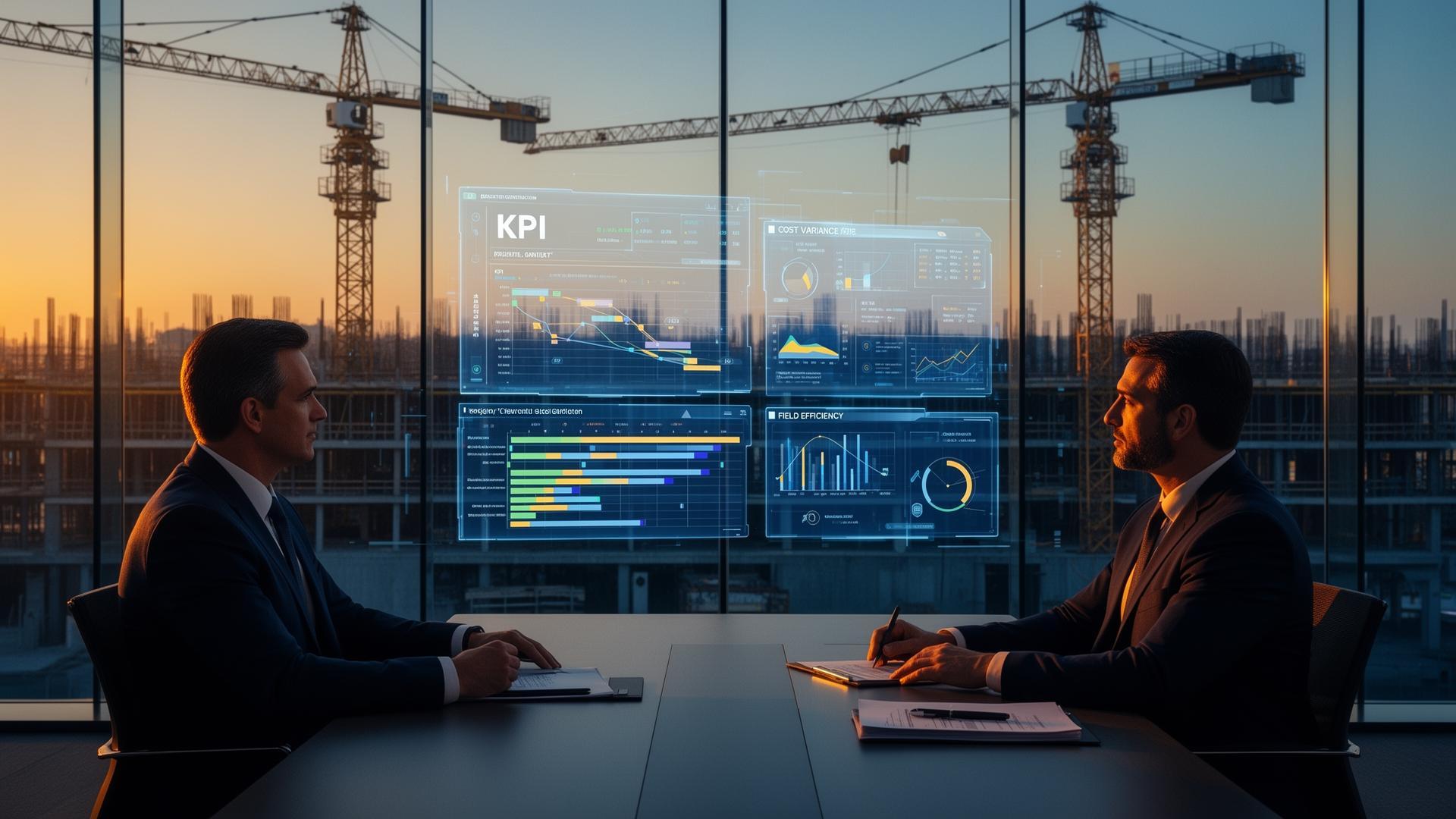 İnşaat şirketi yönetim kurulu KPI dashboard'u inceliyor