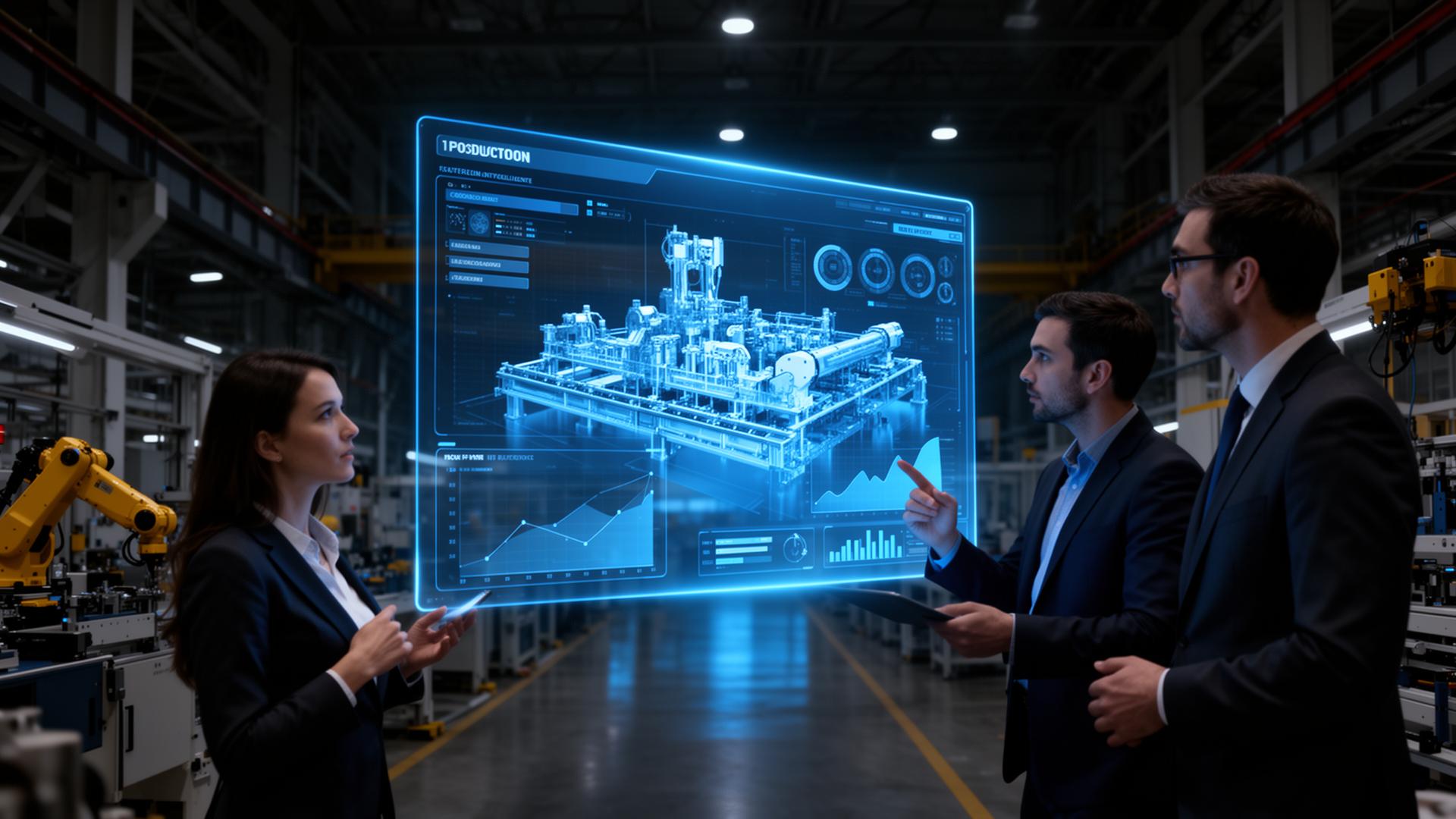 Üretim yöneticileri fabrika KPI dashboard'unu inceliyor